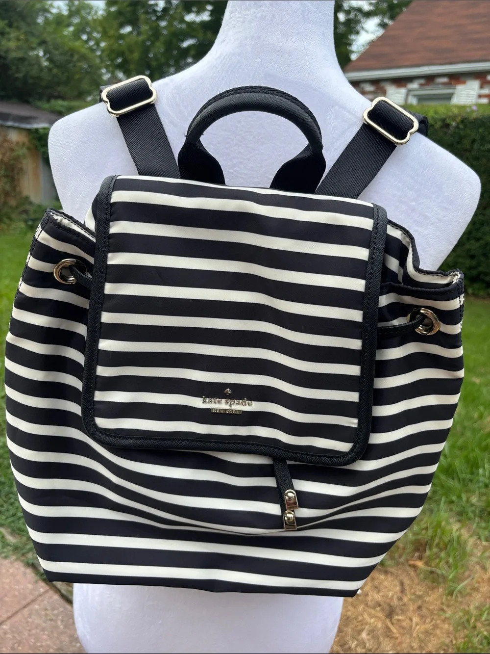 kate spade Black and White Striped Nylon Drawstring Backpack